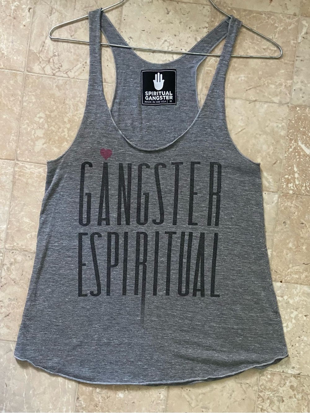 Med. Spiritual Gangster Gray Racerback Tank with Black Script and Maroon Heart